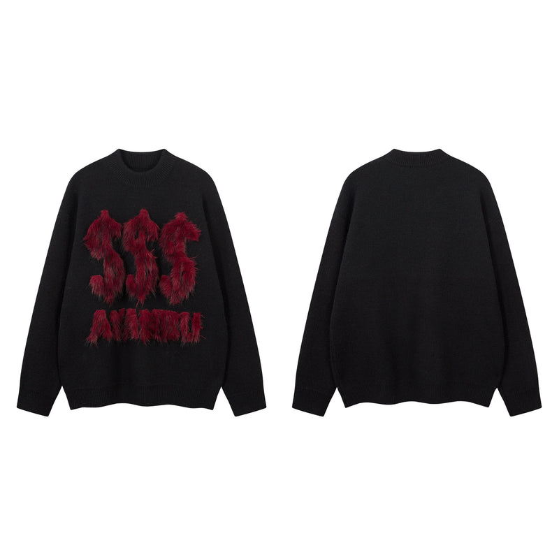 Pull gris à col rond – Maille oversize avec motif en fausse fourrure