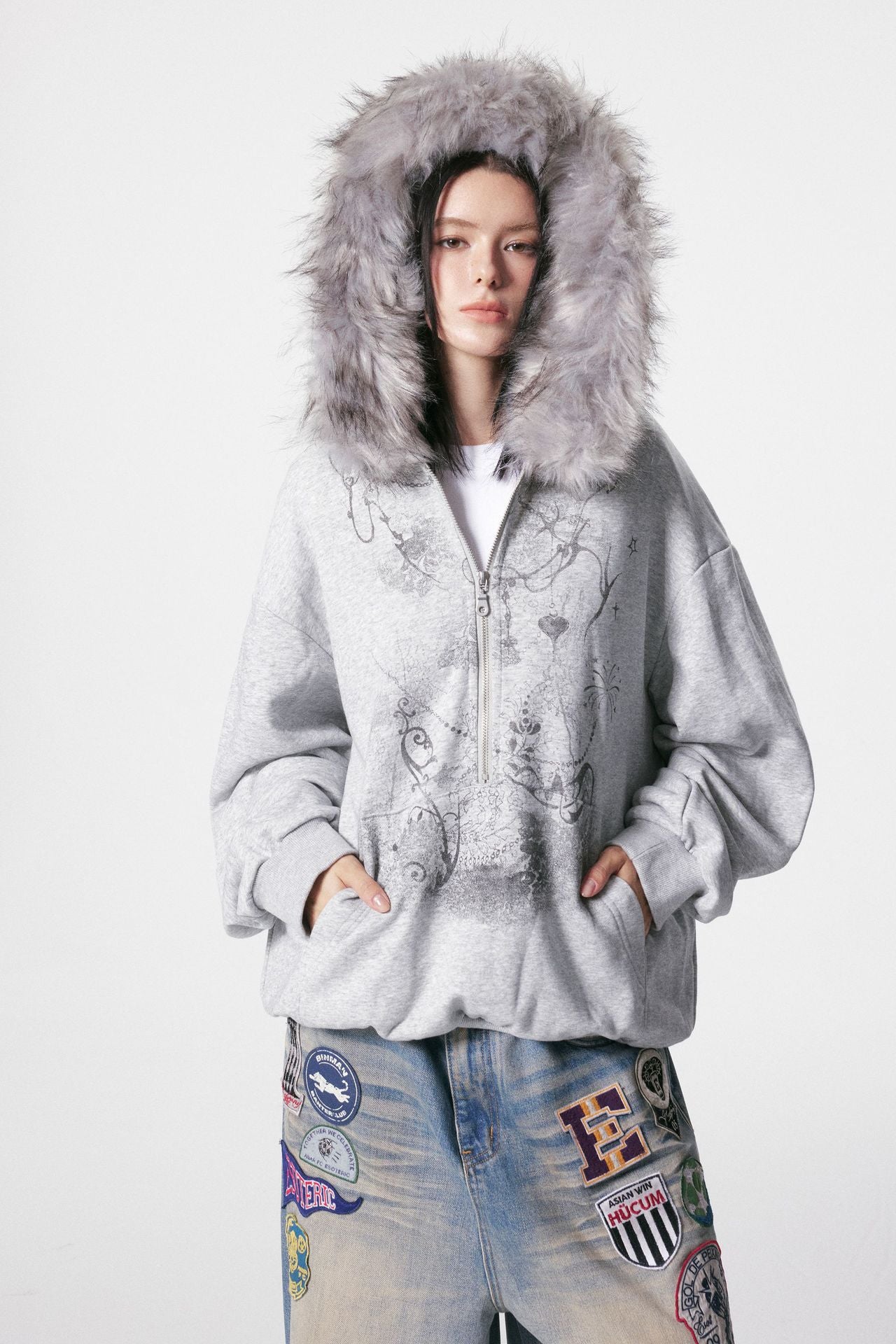 Oversized half-zip hoodie with faux fur-trimmed hood and gothic floral graphic print in heather grey