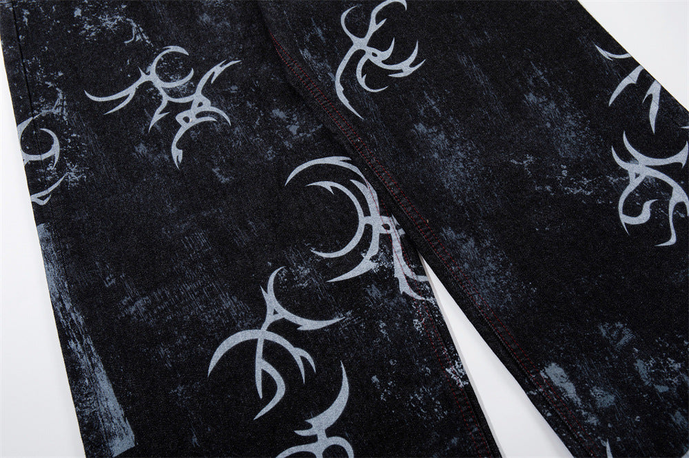 Tribal Print Baggy Jeans – Black Distressed Wide-Leg Denim