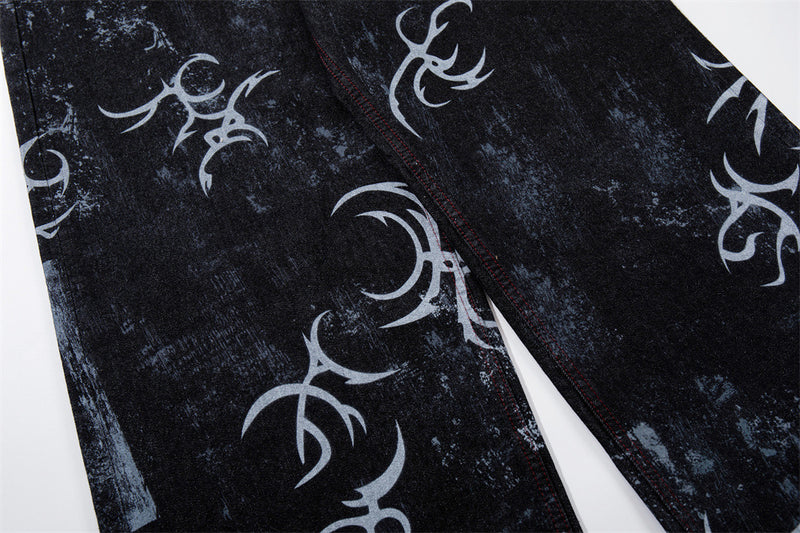 Tribal Print Baggy Jeans – Black Distressed Wide-Leg Denim