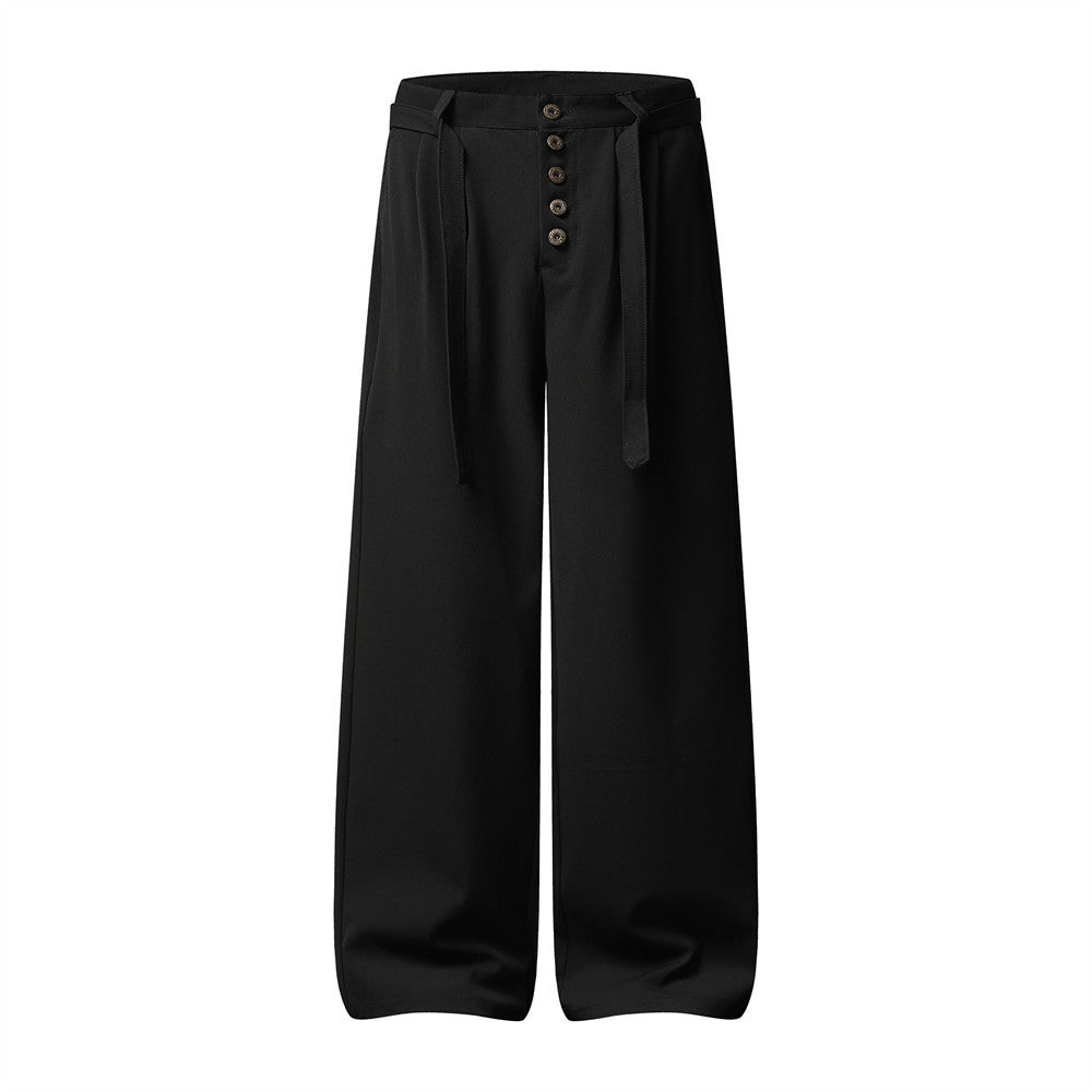 Men's Wide-Leg Dress Pants – Black Button-Fly Pleated Trousers with Belt