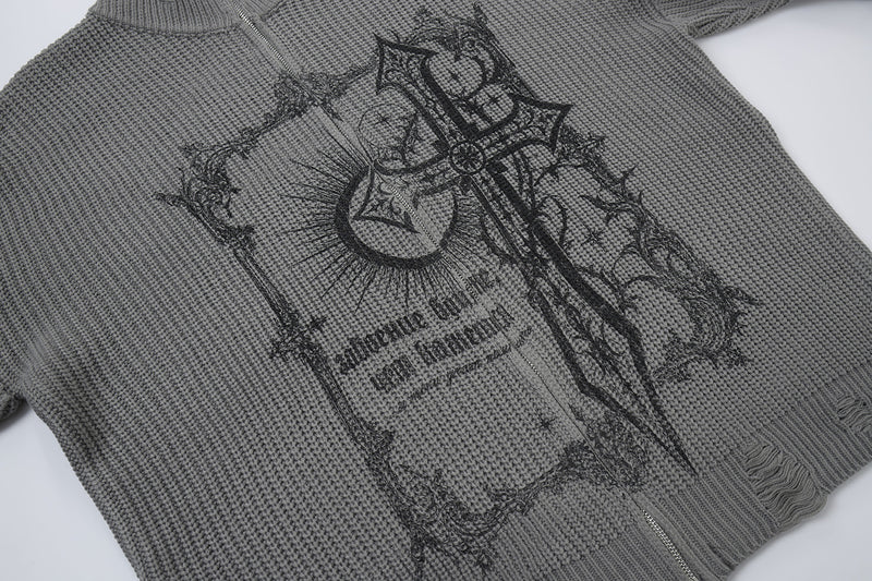 Pull col montant zippé en maille gothique à croix imprimée et effet usé