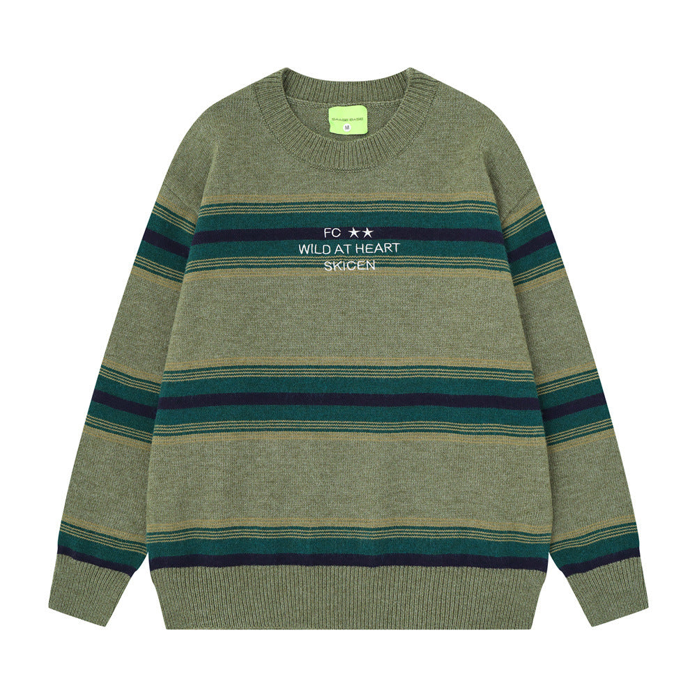 Striped Crew Neck Sweater – Relaxed Fit Color-Block Knit Pullover