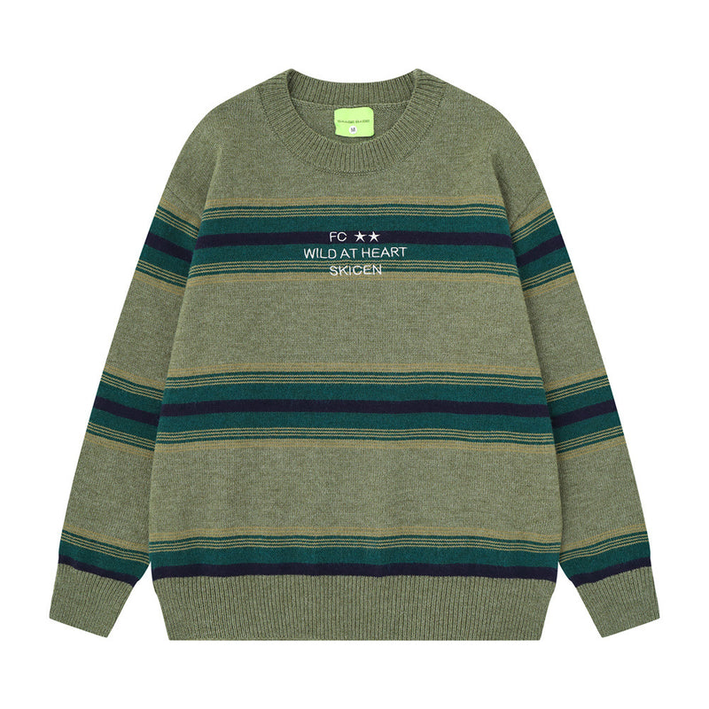 Striped Crew Neck Sweater – Relaxed Fit Color-Block Knit Pullover