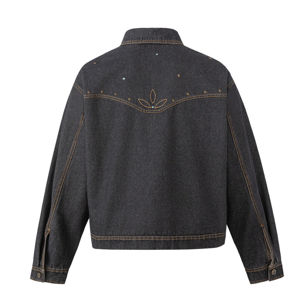 Black Denim Jacket with Embroidered Stitch Detail and Studded Accents
