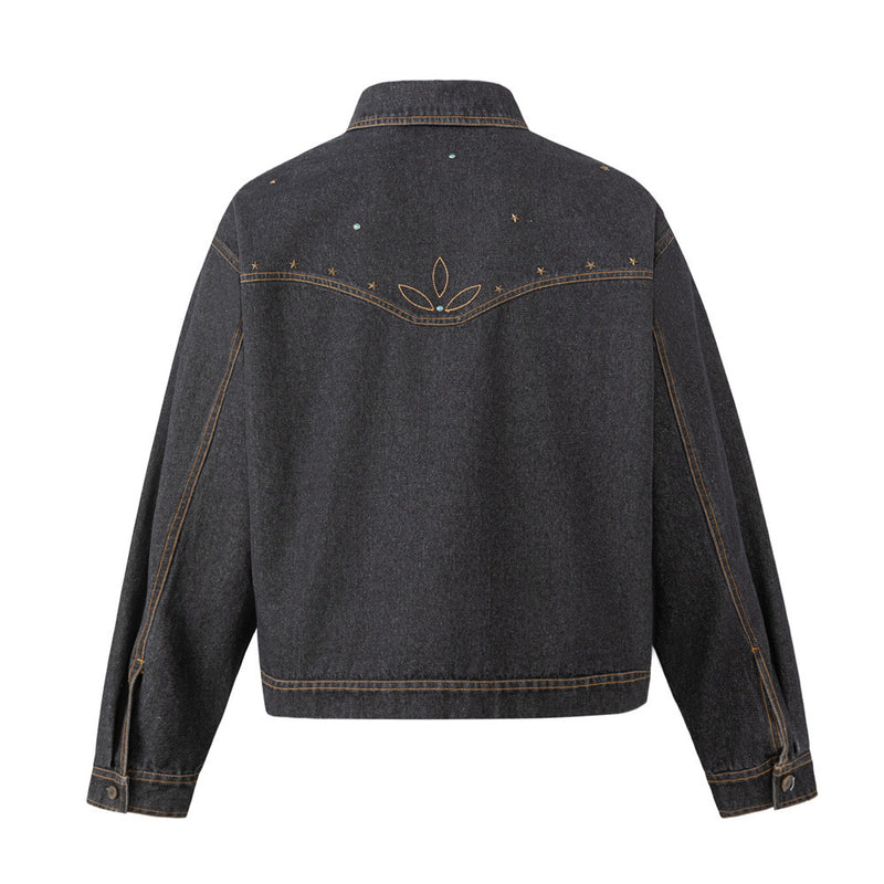 Black Denim Jacket with Embroidered Stitch Detail and Studded Accents