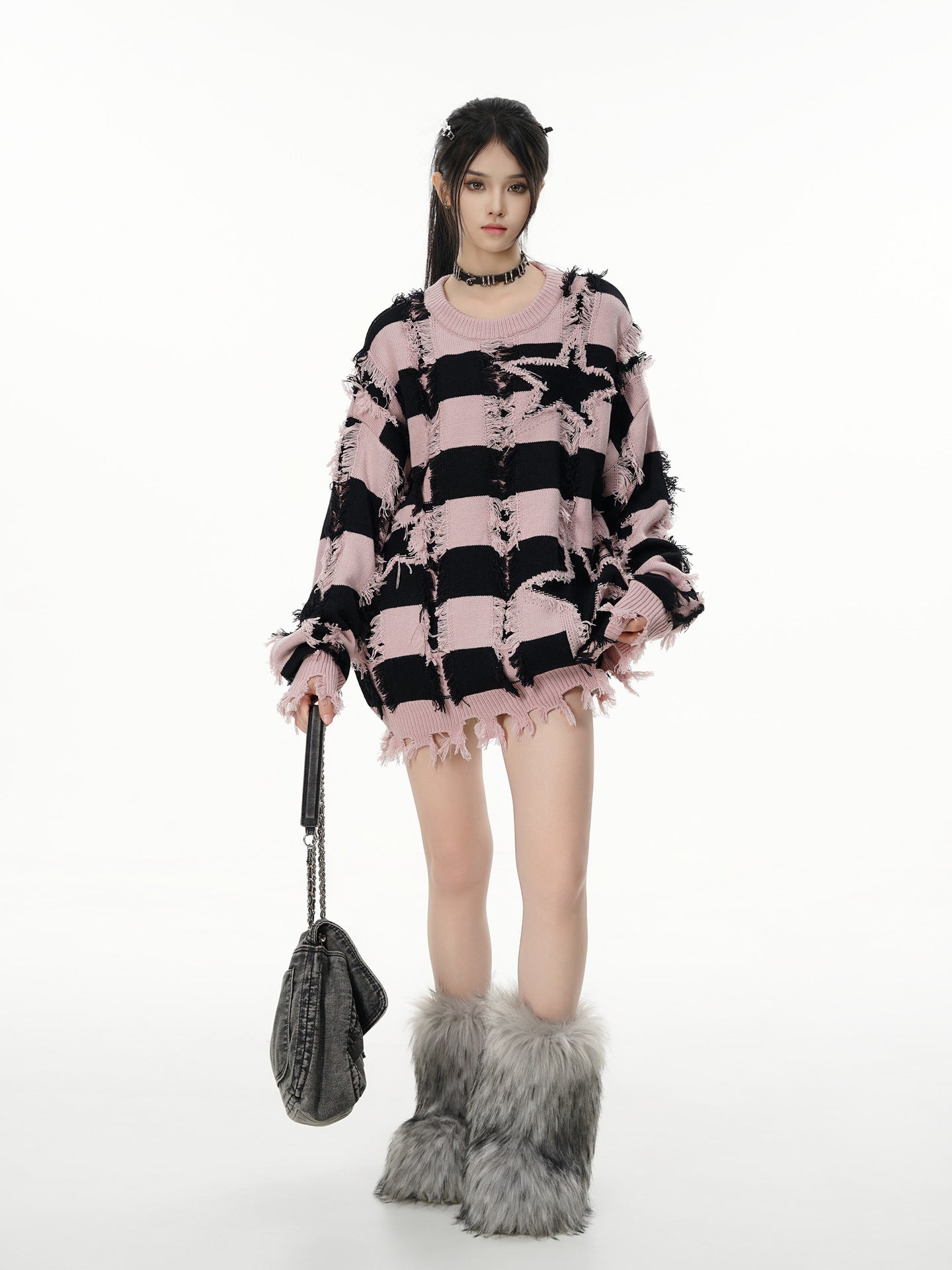 Pull oversize en maille rayée à étoiles délavée – Col rond à franges