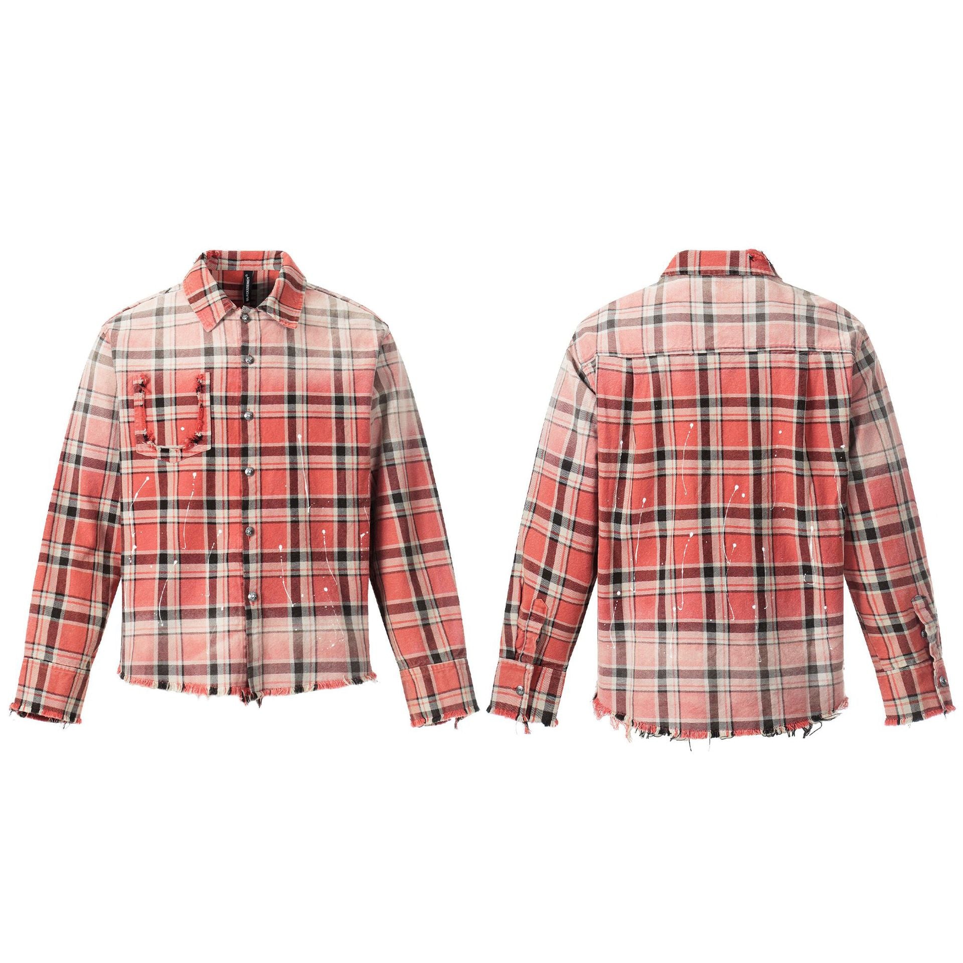 Camisa de franela de cuadros roja extragrande con efecto lavado, detalles desgastados, salpicaduras de pintura y bajo deshilachado sin rematar, vista frontal y trasera