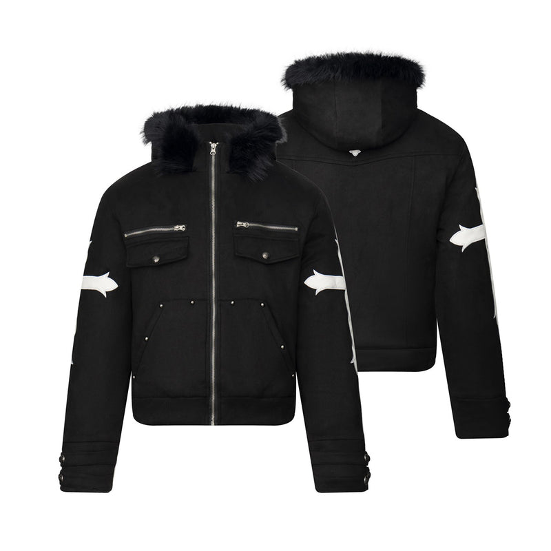 Black Fur-Trim Hooded Bomber Jacket with Arrow Appliqué Sleeves