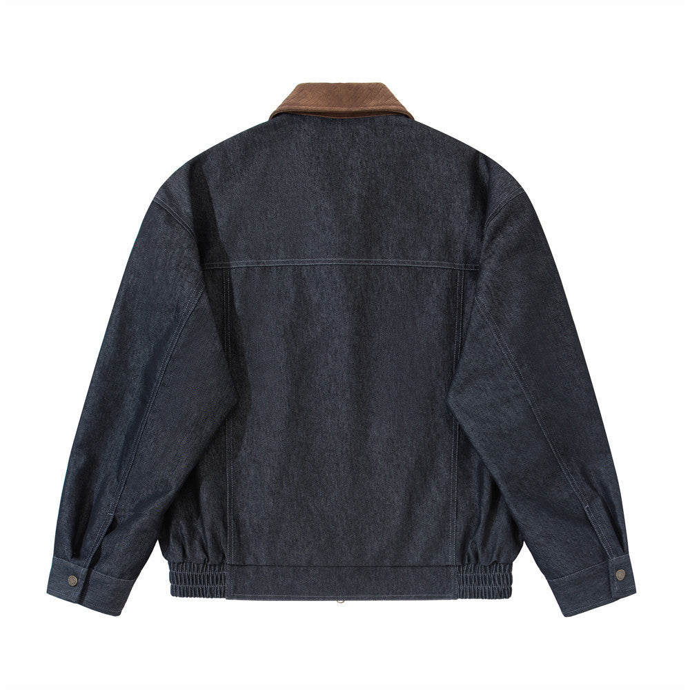 Mens Black Denim Jacket with Contrast Brown Collar & Dual Zip Closure