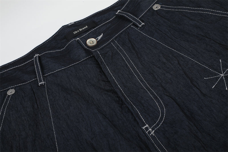 Wide-Leg Denim Pants with Contrast Stitching and Star Tack Details