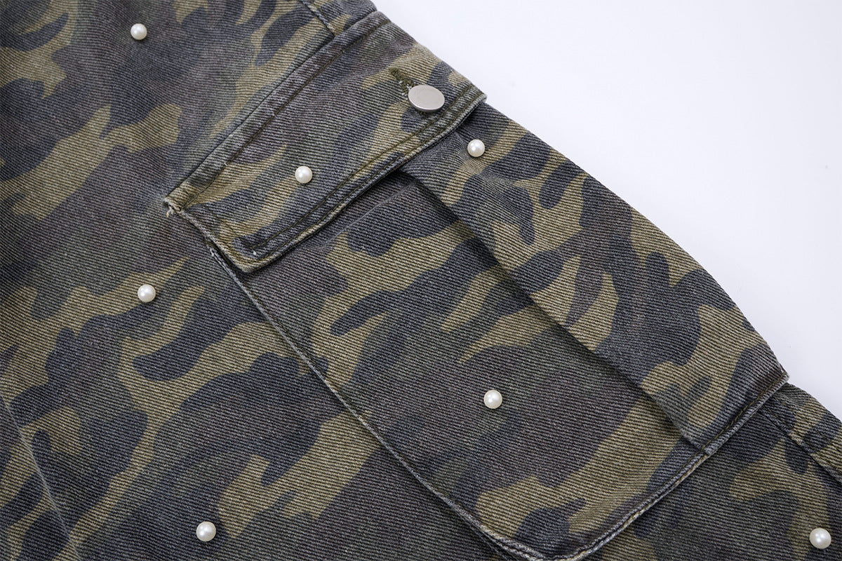 Pantalon cargo droit camouflage à clous perles – Denim à jambes larges