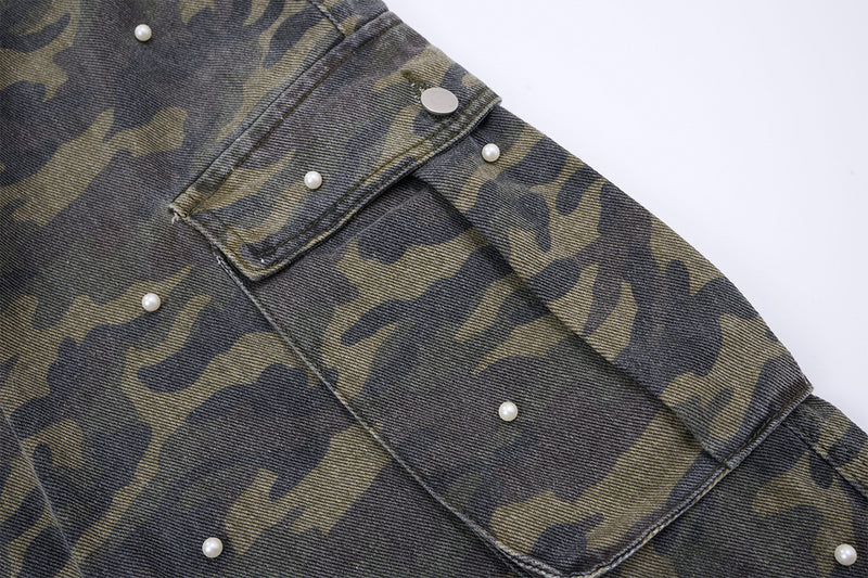 Pantalon cargo droit camouflage à clous perles – Denim à jambes larges