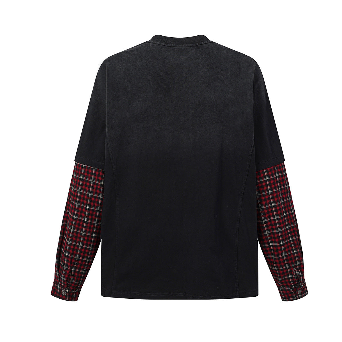 Acid Wash Henley Long Sleeve Shirt with Plaid Contrast Sleeves – Faux Two-Piece