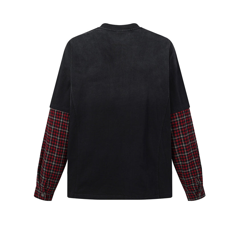 Acid Wash Henley Long Sleeve Shirt with Plaid Contrast Sleeves – Faux Two-Piece