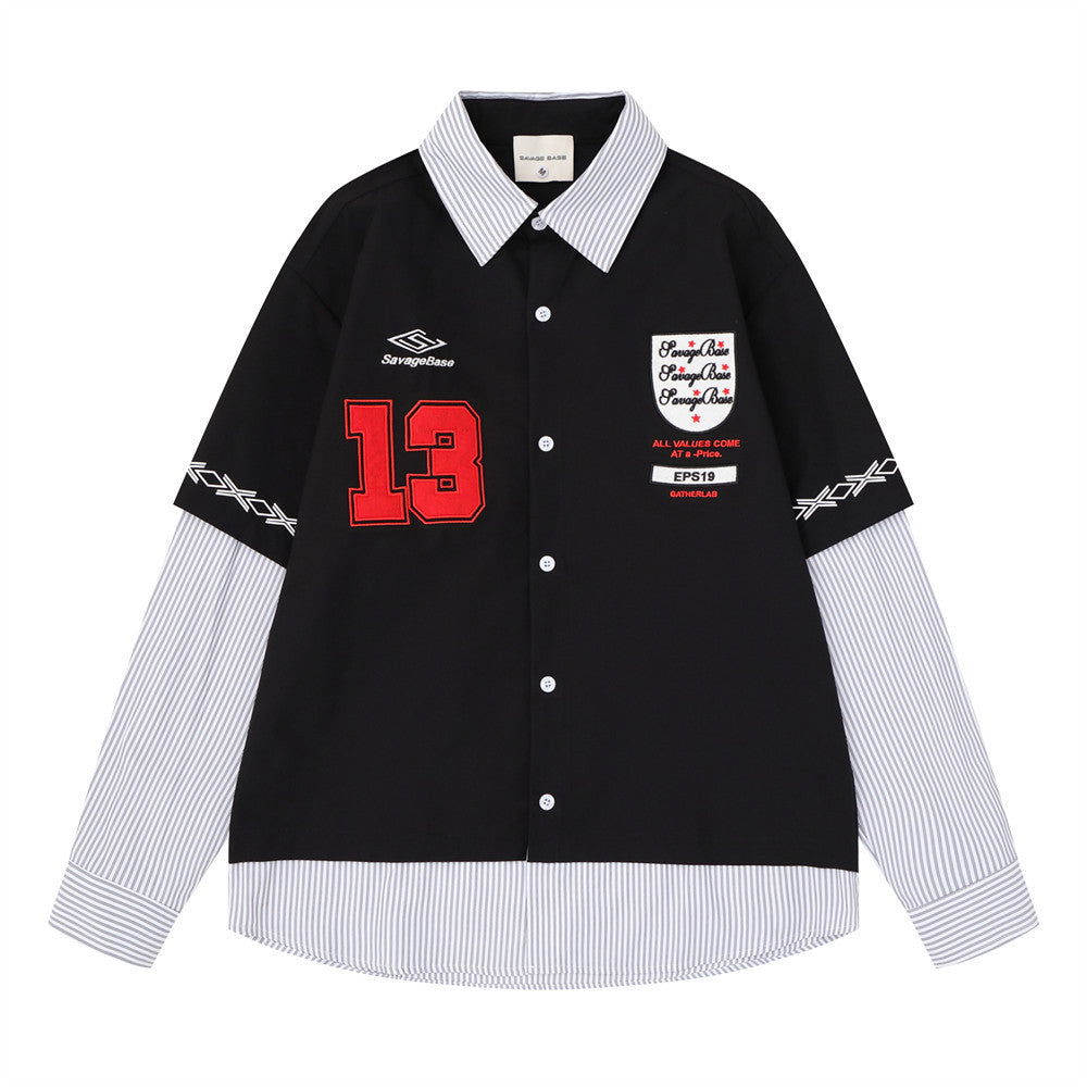 Men's black faux two-piece layered long sleeve streetwear shirt with blue-white striped sleeves and red number 13 chenille ap