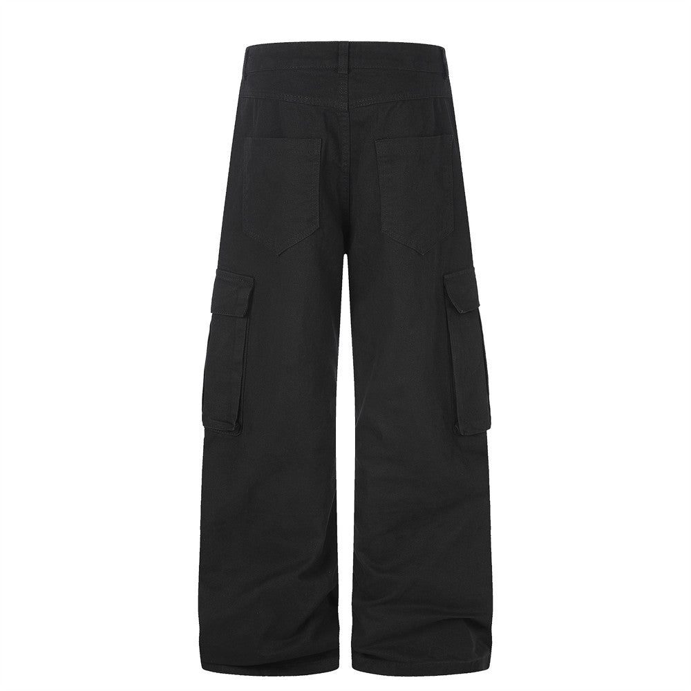 Cargo Pants for Men Wide Leg Multi-Pocket Punk Belt Print Street Style