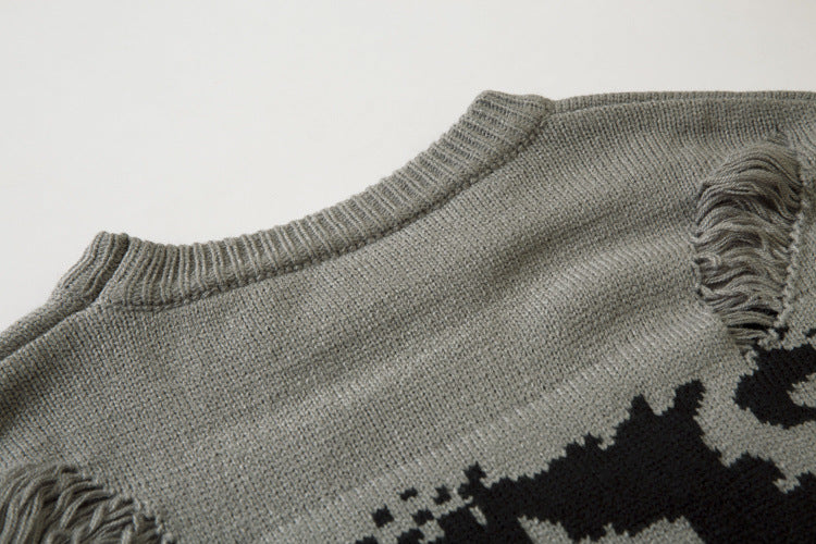 Distressed Knit Sweater with Face Graphic Print and Fringe Holes – American