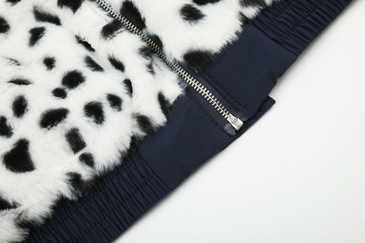 Reversible Dalmatian Faux Fur Bomber Jacket – Two-Way Wear Padded Coat