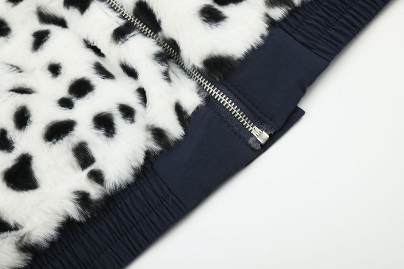 Reversible Dalmatian Faux Fur Bomber Jacket – Two-Way Wear Padded Coat