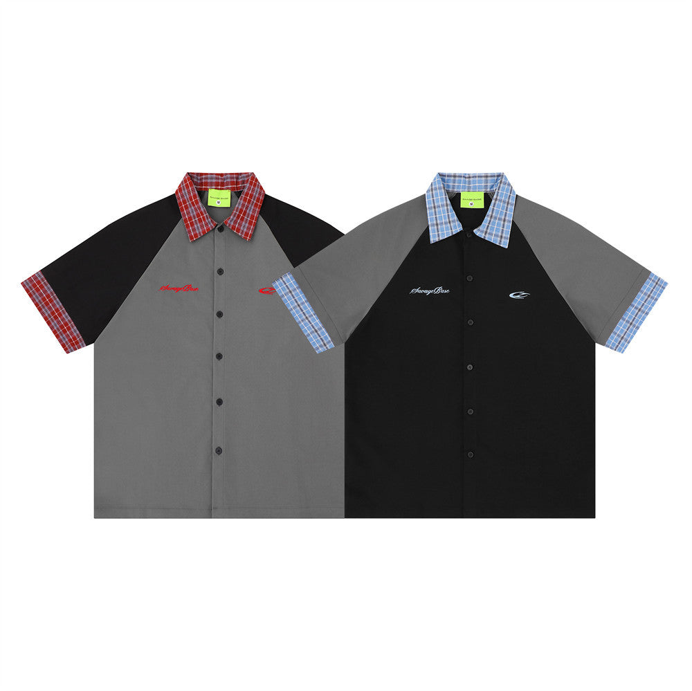 Colorblock Raglan Short Sleeve Shirt with Plaid Collar