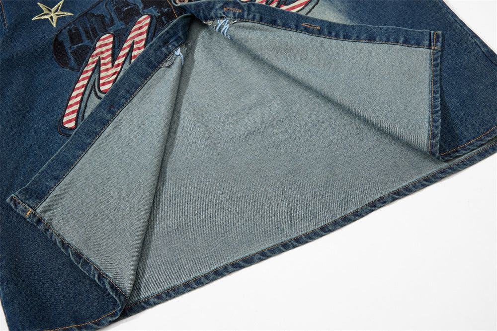 Mafas Worldwide Star Embroidered Washed Denim Shirt – Short Sleeve Oversized Fit