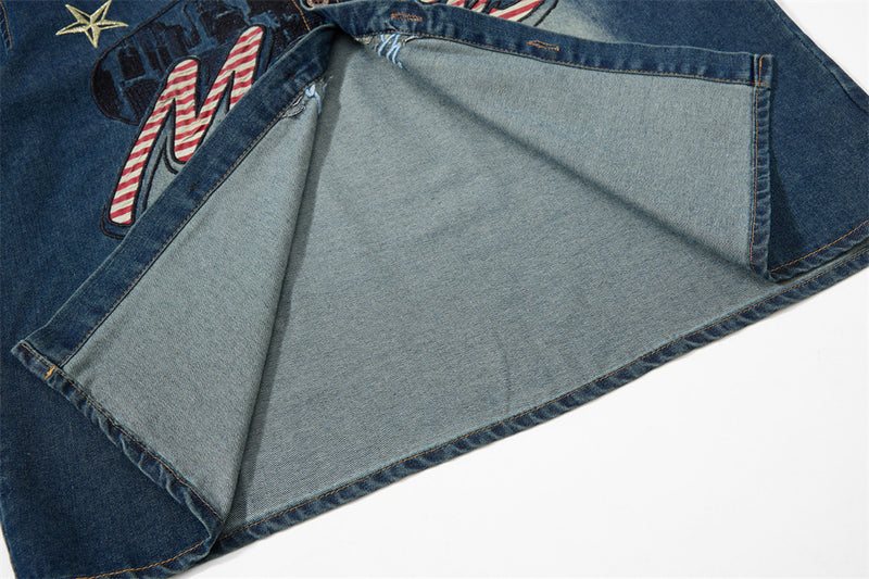 Mafas Worldwide Star Embroidered Washed Denim Shirt – Short Sleeve Oversized Fit