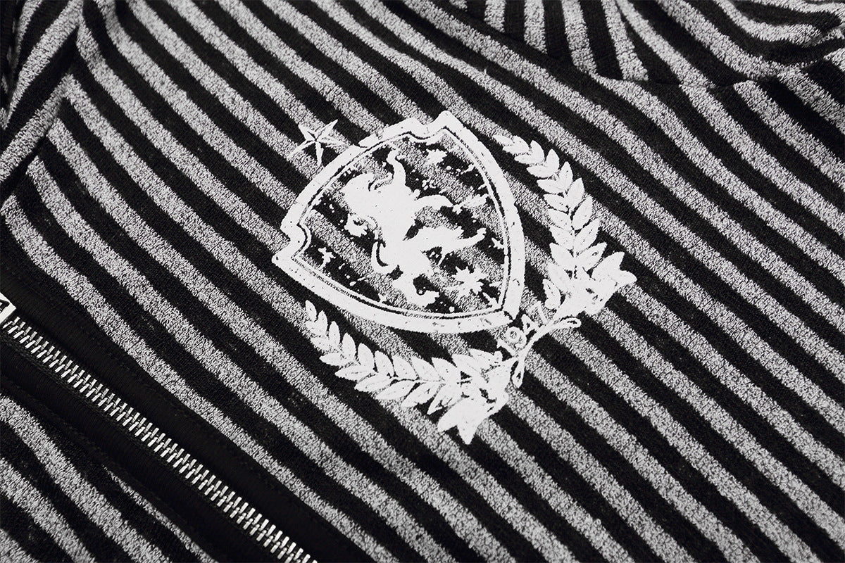 Striped Zip-Up Hoodie with Crest Embroidery & Sleeve Graphics