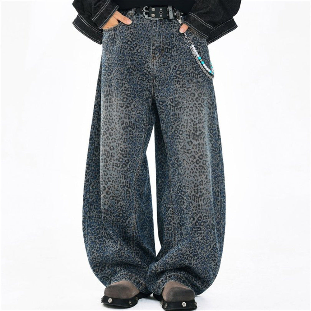 Leopard Print Wide-Leg Baggy Jeans – Oversized Curved Denim Pants