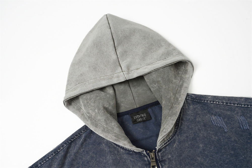 Veste à capuche homme – Bomber en denim délavé bicolore avec effet deux-pièces