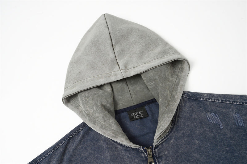 Veste à capuche homme – Bomber en denim délavé bicolore avec effet deux-pièces