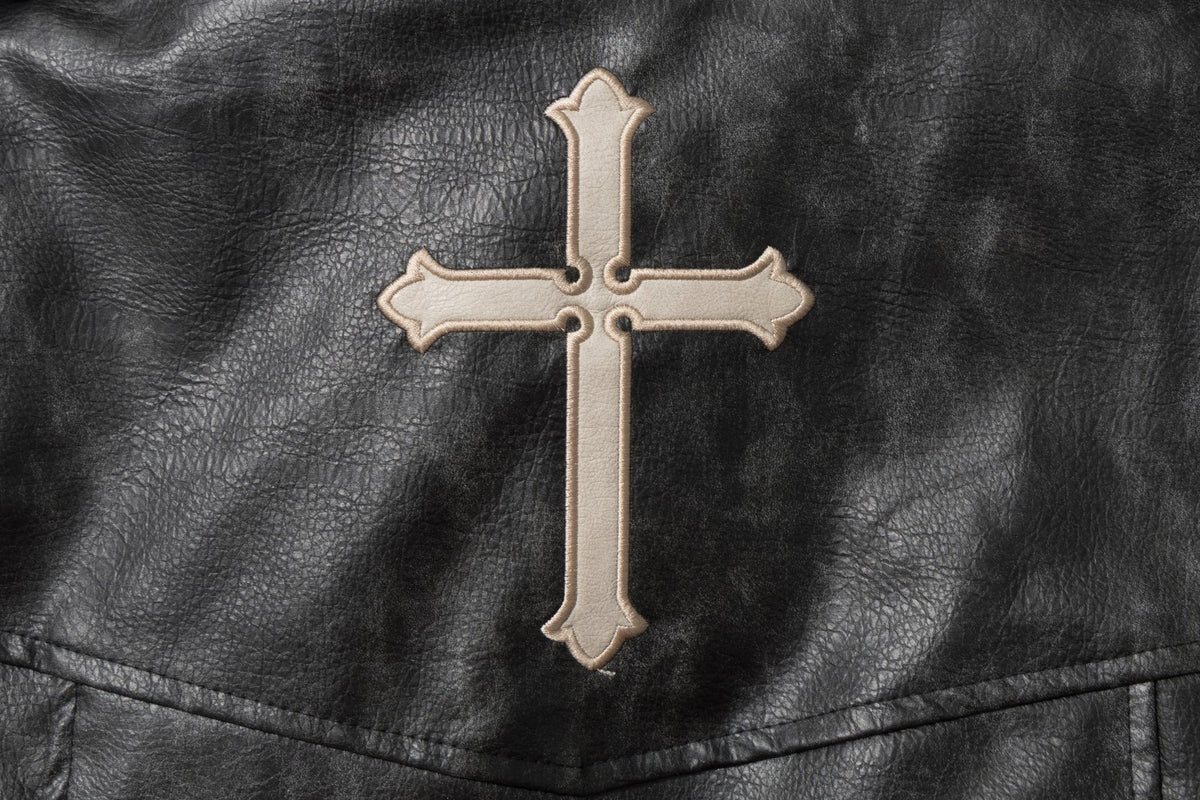 Gothic Cross Moto Jacket – Padded Faux Leather with Military Buttons & Cross