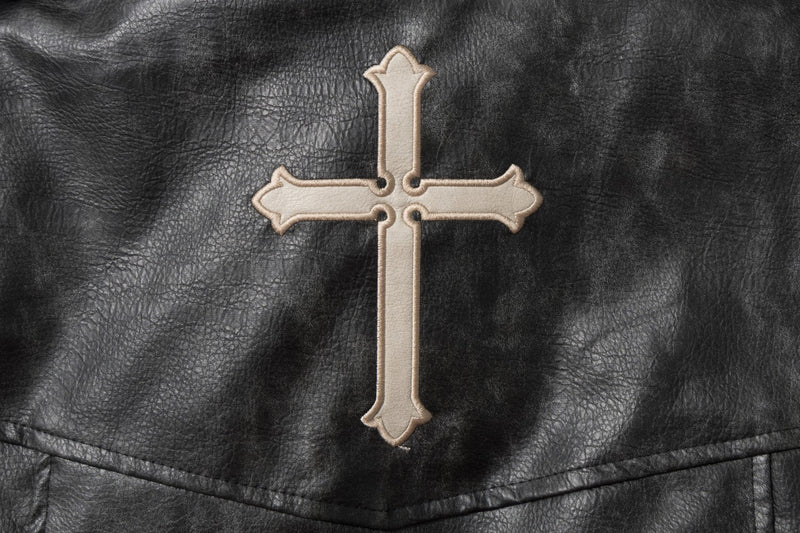 Gothic Cross Moto Jacket – Padded Faux Leather with Military Buttons & Cross