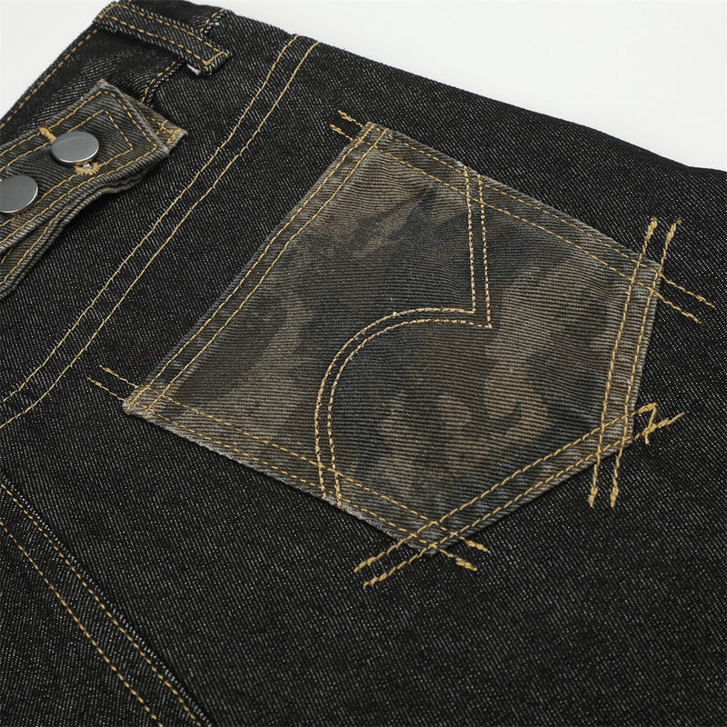 Wide-Leg Barrel Jeans – Dark Black Denim with Camo Pocket & Embroidered Graphic