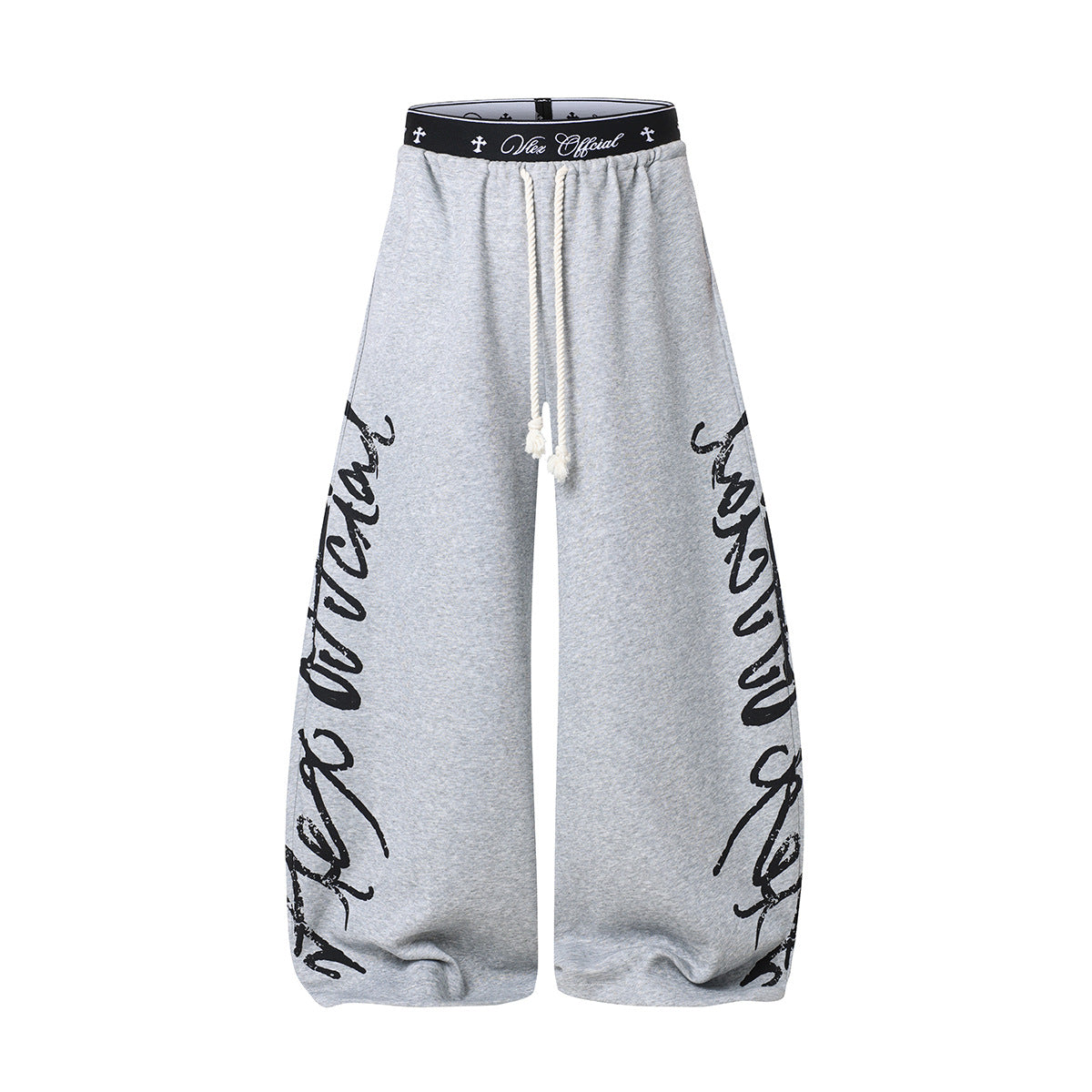 Pantalon de survêtement à jambes larges avec imprimé graffiti cursif et ceinture élastiquée siglée