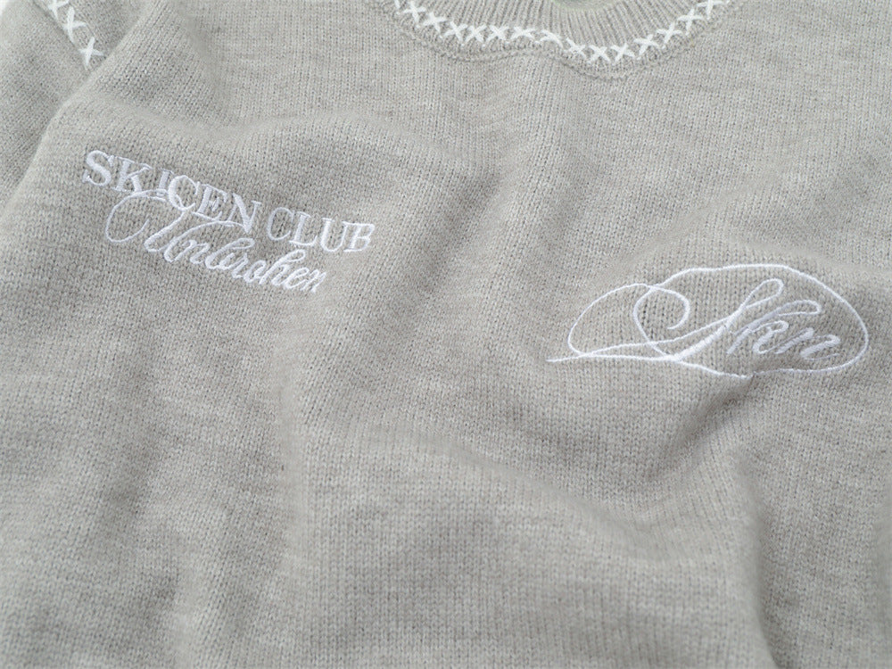 Crew Neck Sweater Men's Oversized Embroidered Knit Pullover