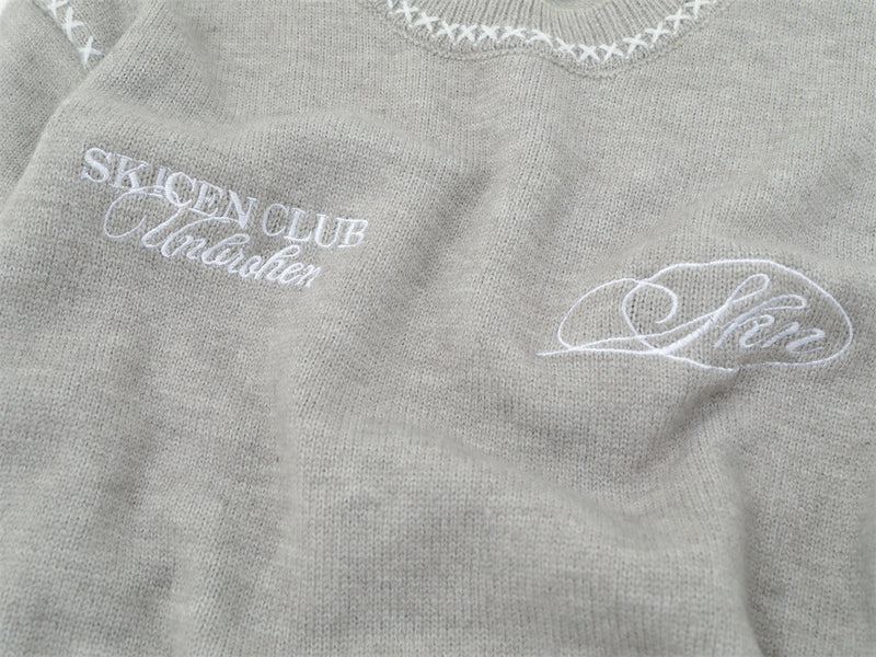 Crew Neck Sweater Men's Oversized Embroidered Knit Pullover
