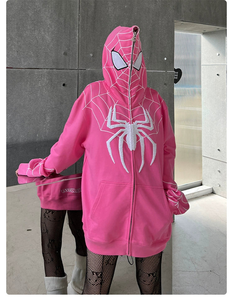 Spider-Inspired Hoodie - 400GSM Oversized Pink Zip-Up Superhero Sweatshirt