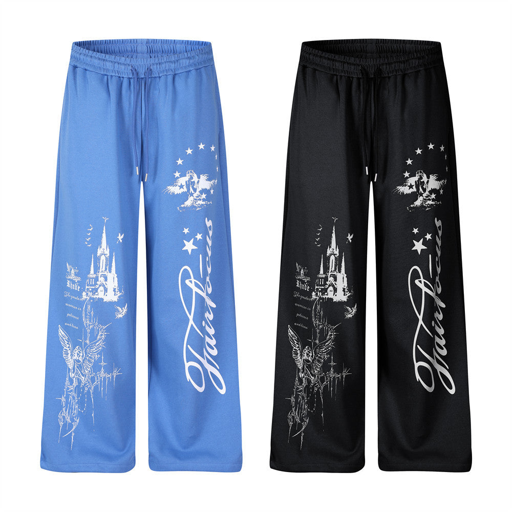 Wide-Leg Sweatpants with Castle & Angel Graphic Print – Streetwear Jogger Pants