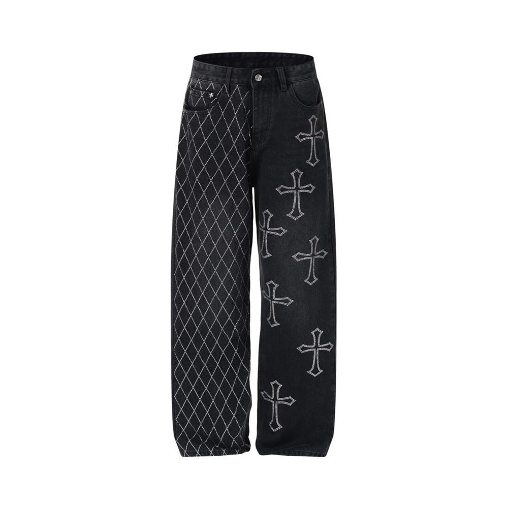 Black wide-leg jeans front view with argyle pattern on one leg and cross graphics on the other