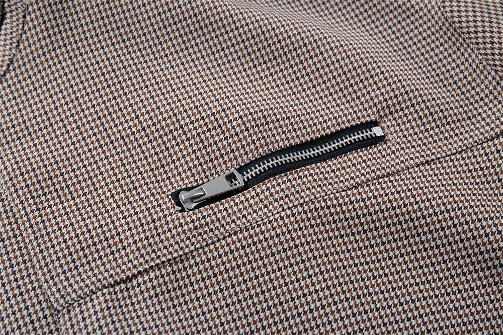 Veste oversize à col montant en pied-de-poule – Manteau streetwear à poches zippées multiples