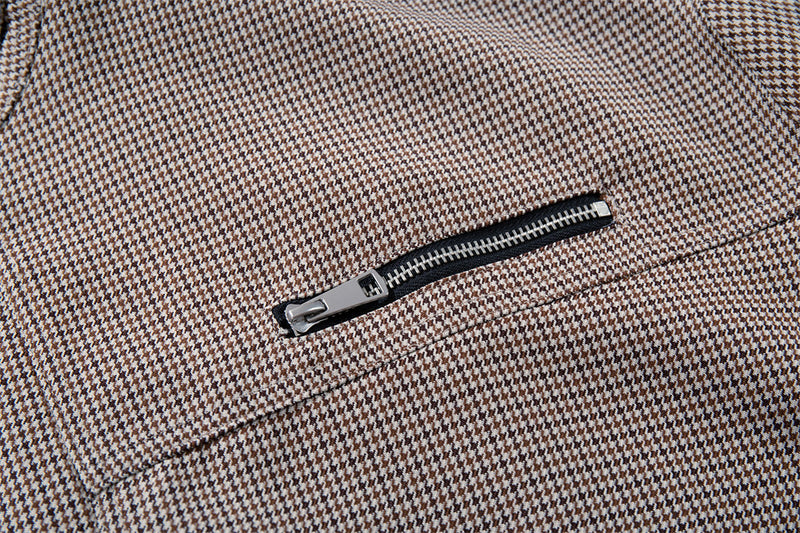 Veste oversize à col montant en pied-de-poule – Manteau streetwear à poches zippées multiples