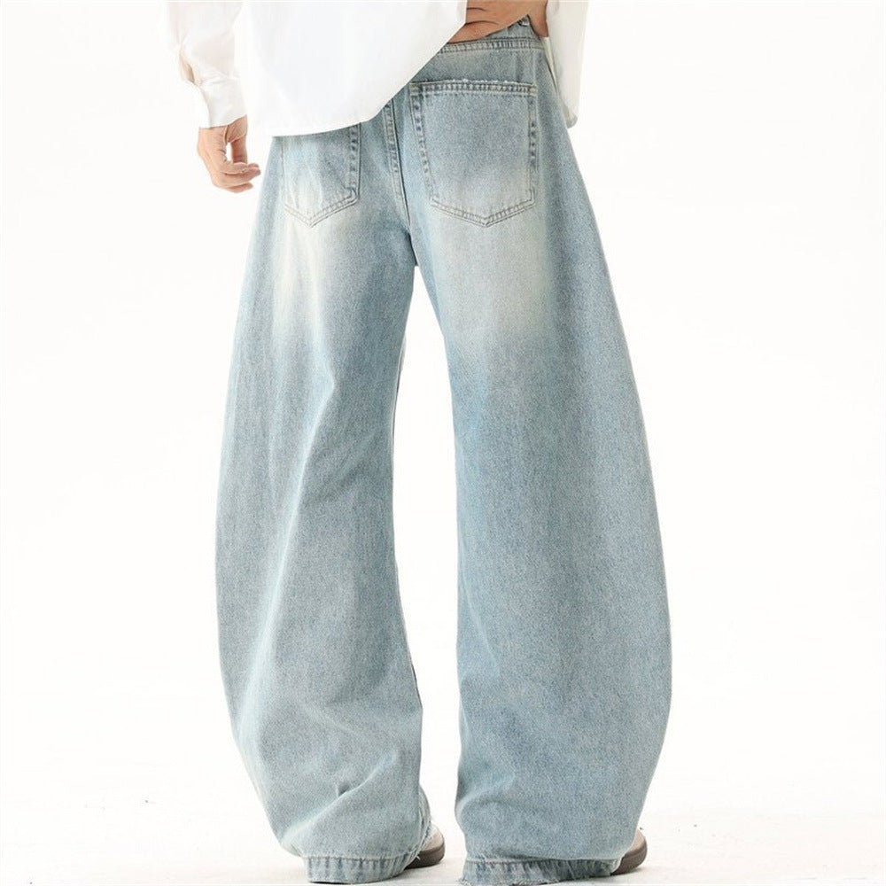 Wide-Leg Baggy Jeans – Men's Vintage Washed Light Blue Curved Hem Denim