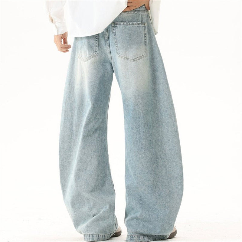 Wide-Leg Baggy Jeans – Men's Vintage Washed Light Blue Curved Hem Denim