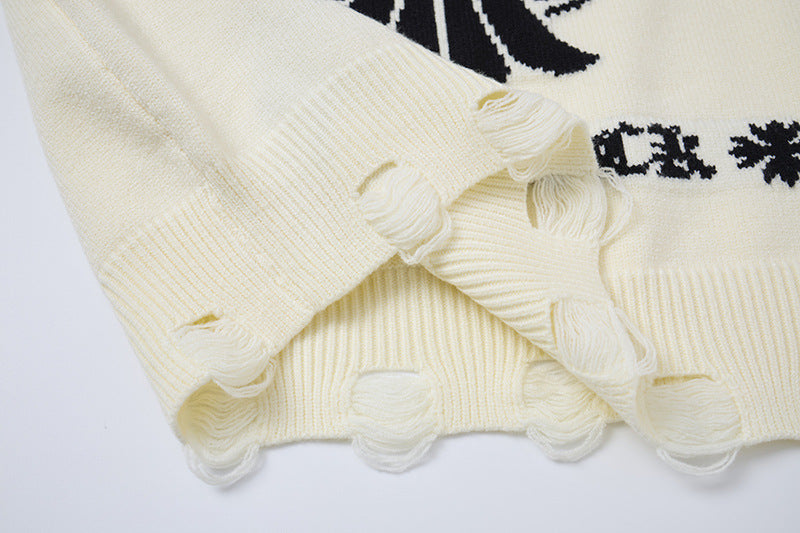 Pull en maille jacquard avec croix gothique et finitions usées – Esthétique sombre oversize