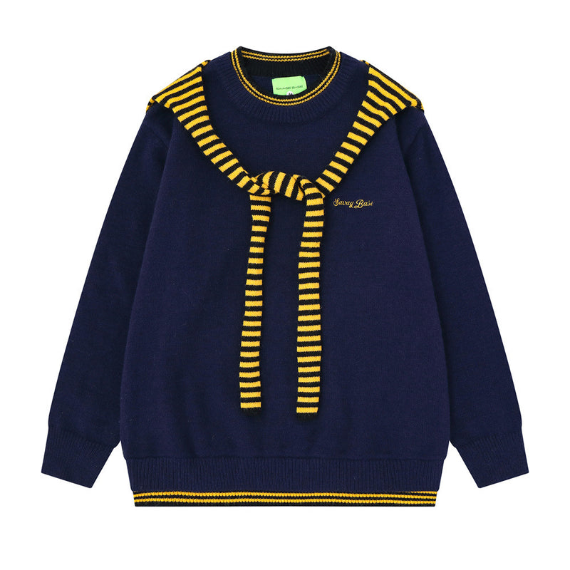 Mens Crew Neck Sweater with Faux Sailor Shawl Striped Knit Pullover