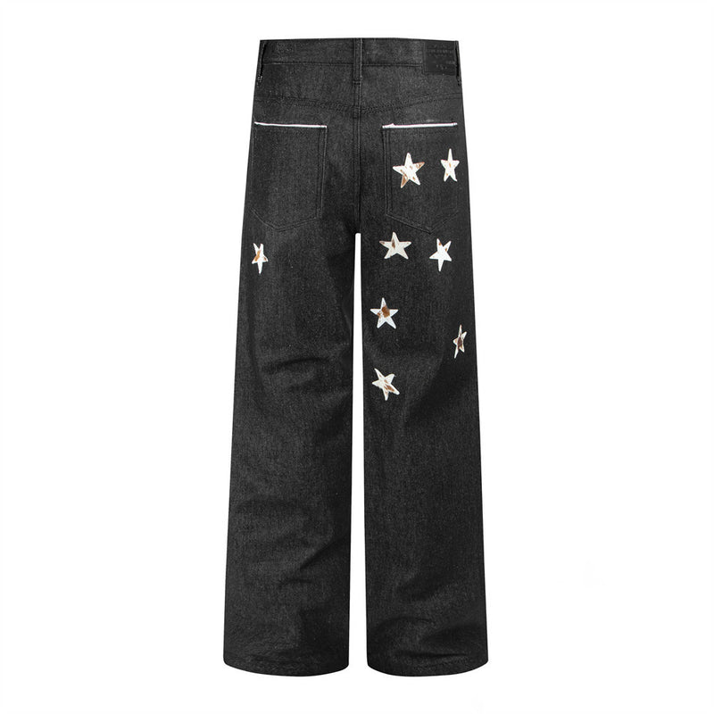 Wide-Leg-Raw-Denim-Jeans – Schwarze Herrenjeans mit Stern-Patches, Straight Fit