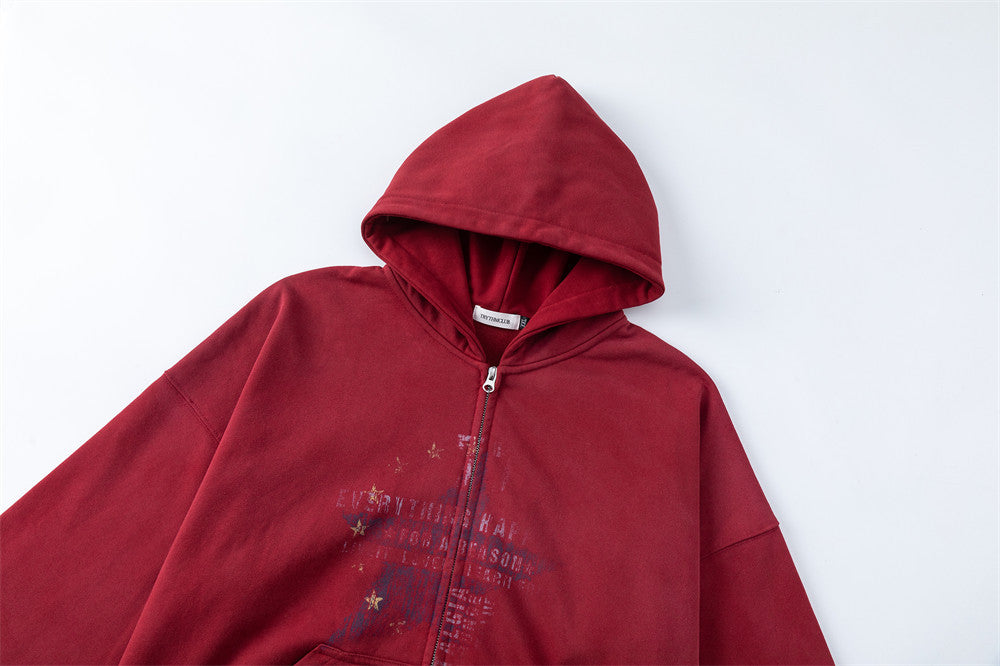 Men's Vintage Star Graphic Zip-Up Hoodie – Oversized American Retro Streetwear