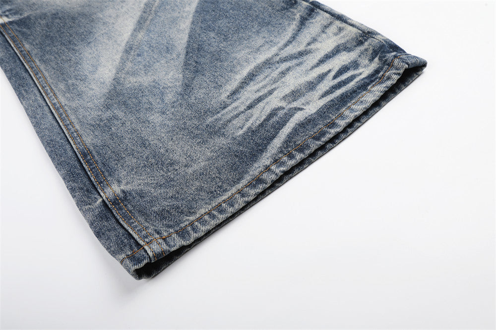 Vintage Wash Wide-Leg Flare Jeans – Men's Distressed Crease-Effect Denim