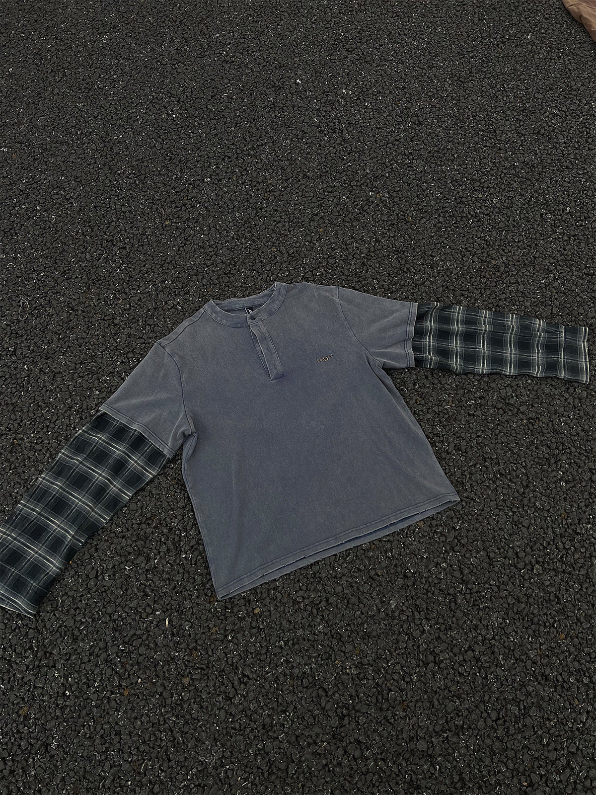 T-shirt Henley manches longues à effet superposé, à carreaux et délavé – Chemise streetwear oversize